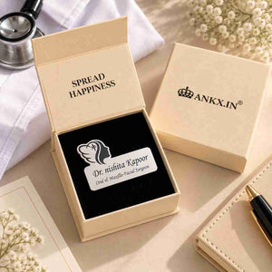 Personalised Doctor Name Brooch in silver with engraved name Dr. Nishita Kapoor and custom box