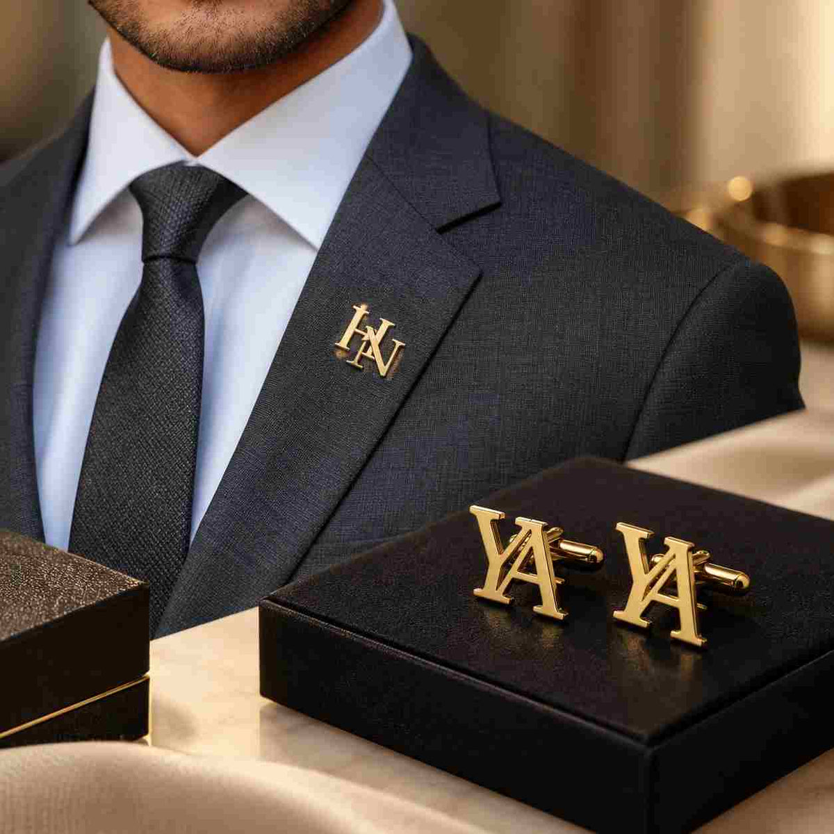Personalised Initial Cufflinks & Lapel Pin Set for Men in Gold Finish with Custom Initials