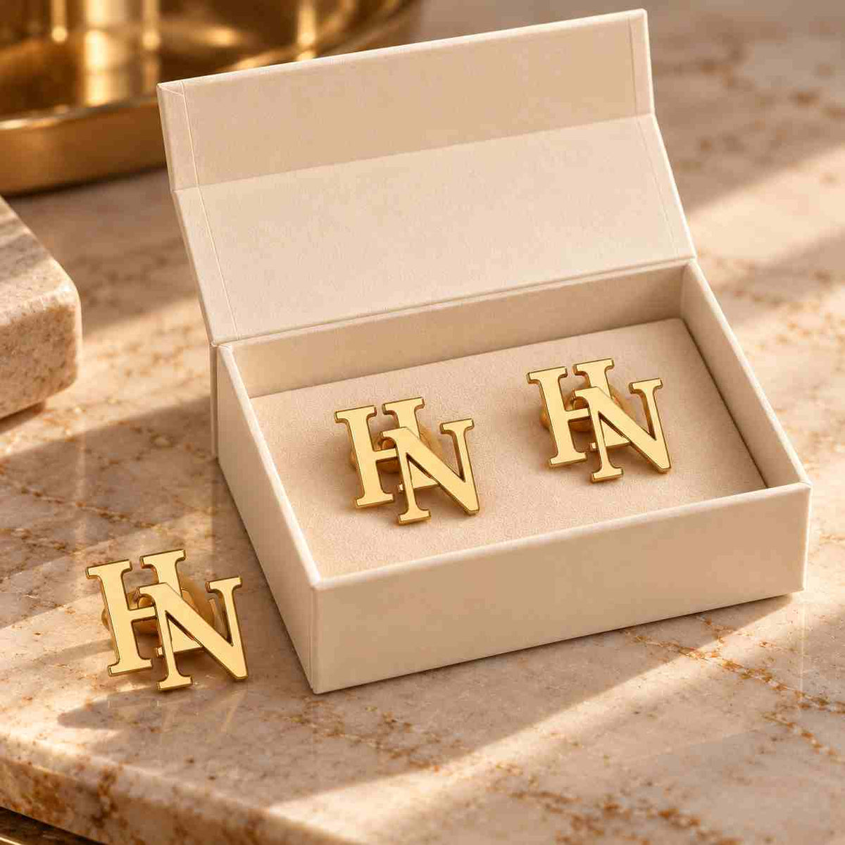 Personalised Initial Cufflinks & Lapel Pin Set for Men in Gold Finish with Custom Initials HN