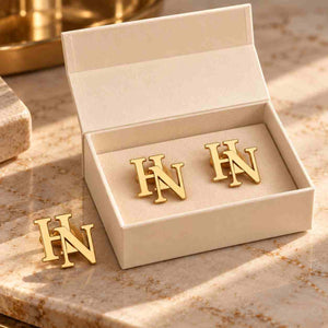 Personalised Initial Cufflinks & Lapel Pin Set for Men in Gold Finish with Custom Initials HN