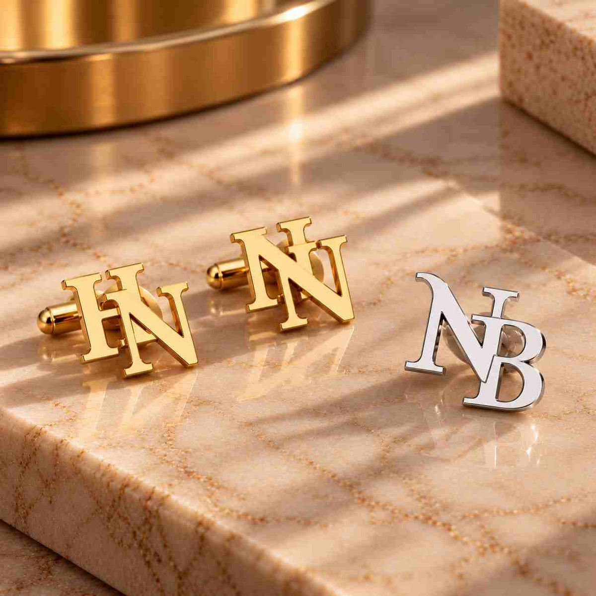Personalised Initial Cufflinks & Lapel Pin Set for Men in gold and silver finish with personalized initials 'HN' and 'NB'