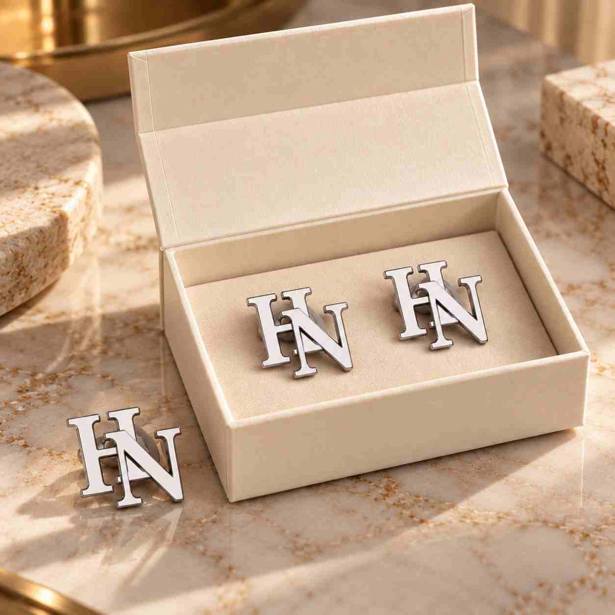 Personalised Initial Cufflinks & Lapel Pin Set for Men in Silver with initials HN in a stylish gift box