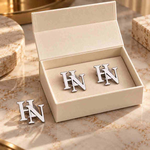 Personalised Initial Cufflinks & Lapel Pin Set for Men in Silver with initials HN in a stylish gift box