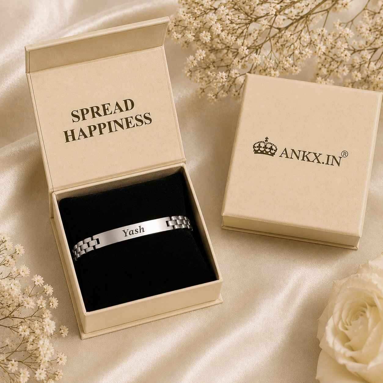 Personalised silver chain name bracelet with  Yash engraving in premium ANKX gift box packaging