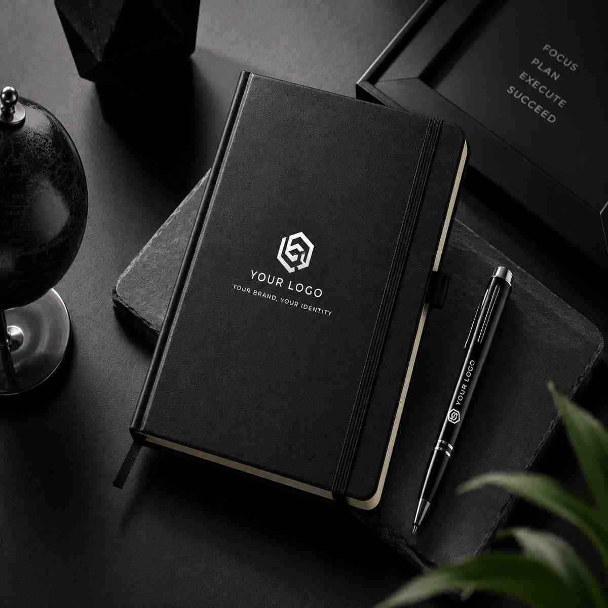 Black branded notebook with custom logo paired with matching pen, styled on a dark desk with office accessories