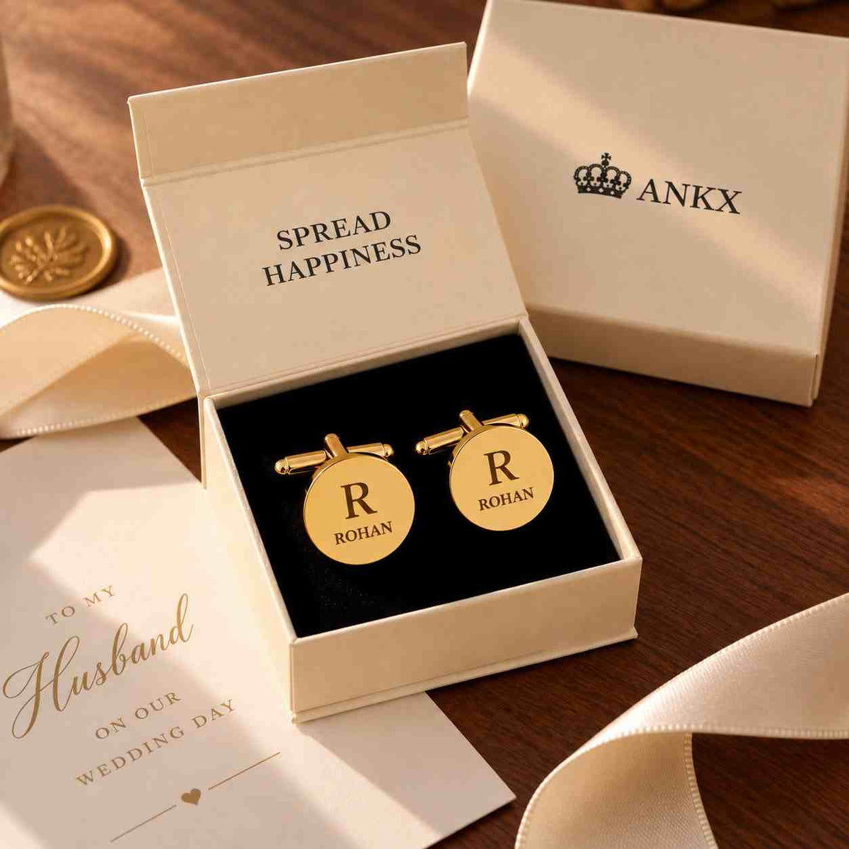 Personalized gold wedding cufflinks with custom initial and name in a luxury gift box
