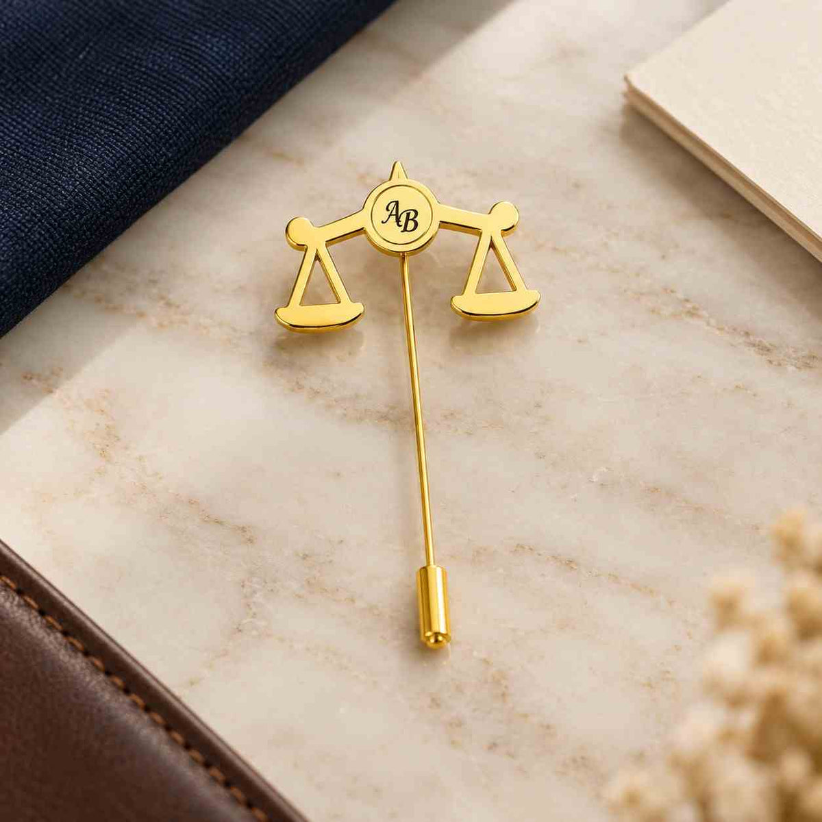 Personalized gold Scales of Justice lapel pin with custom initial for lawyers