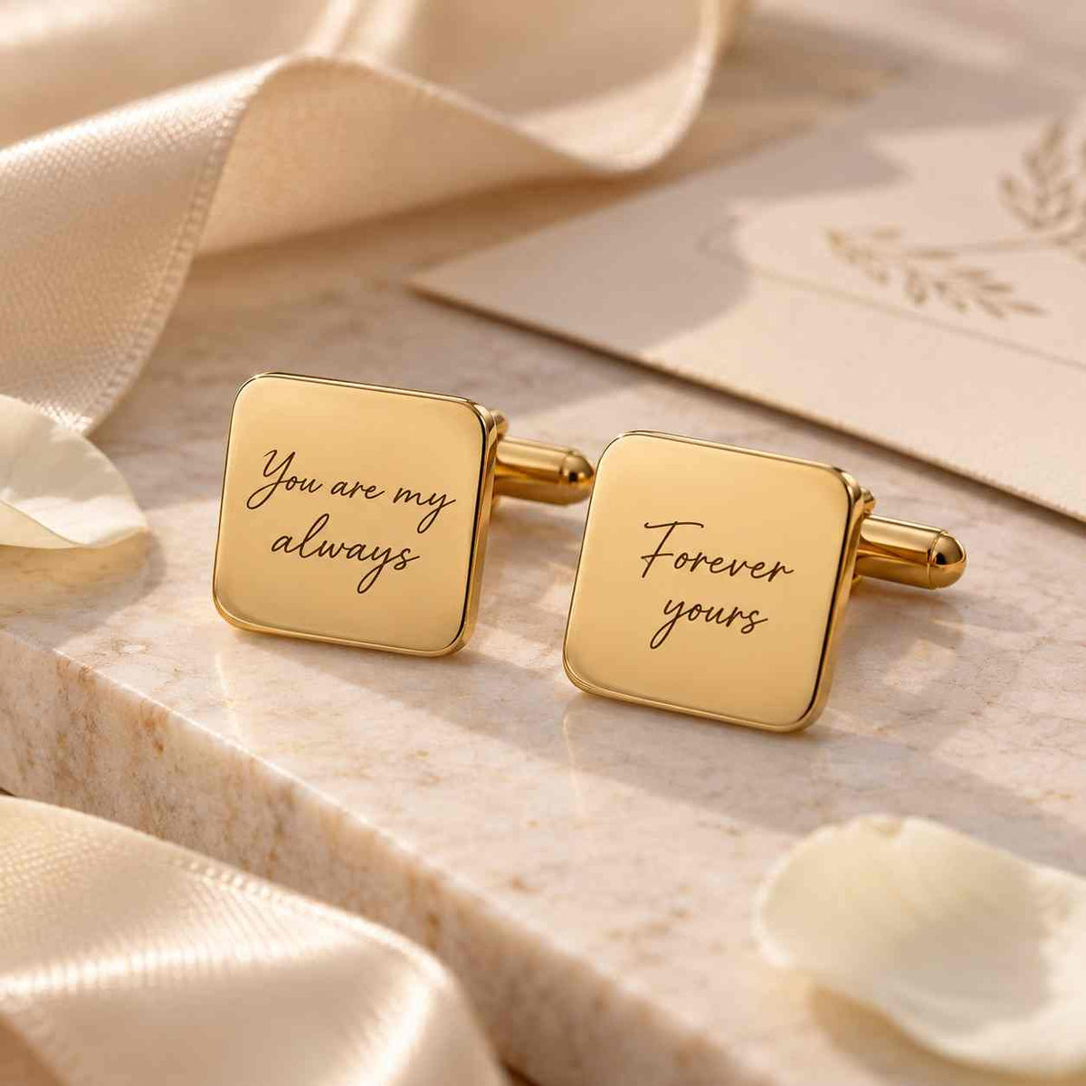 Personalized gold square cufflinks with engraved romantic message for groom or husband