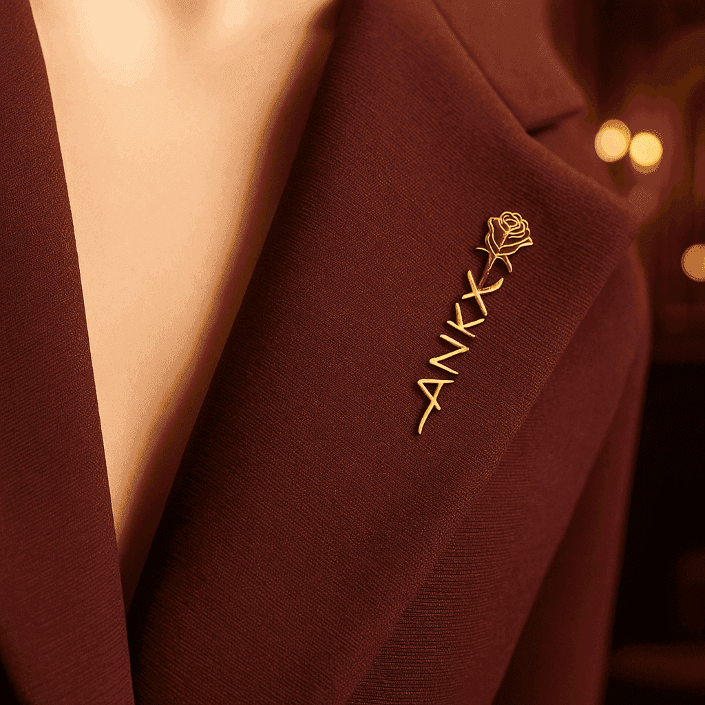 Elegant Personalized Name Brooch in Gold with a Rose Detail on a Burgundy Blazer