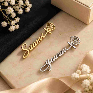 Personalized Name Brooch in Gold and Silver with Floral Design, Customizable with Names
