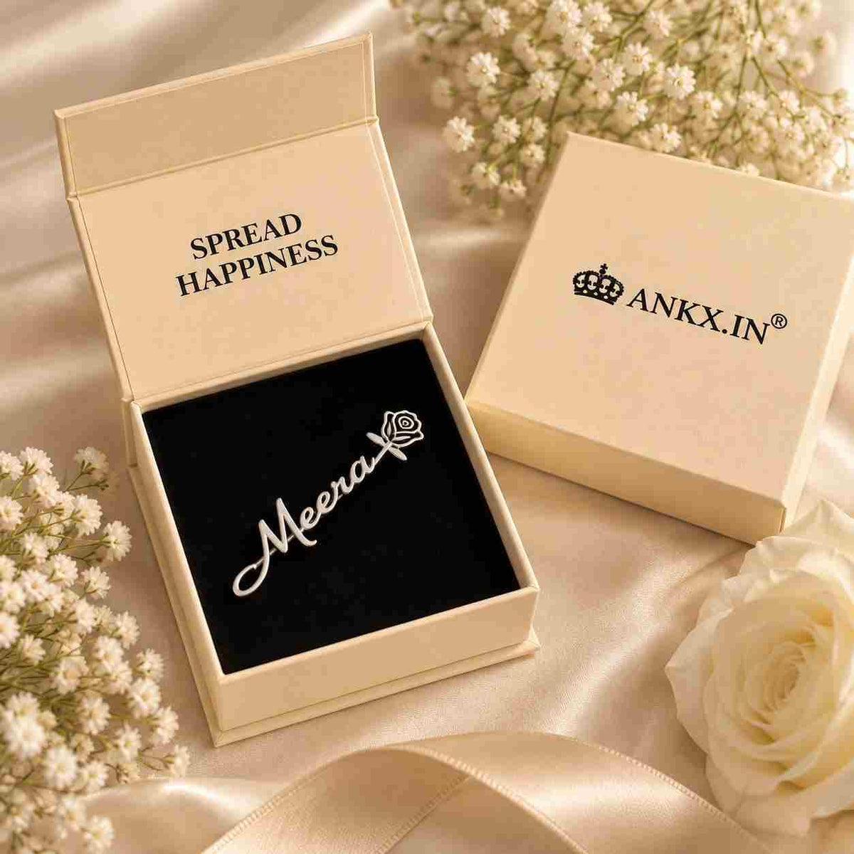 Personalized Name Brooch with the name Meera in elegant silver finish presented in a gift box