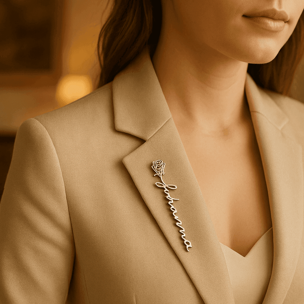 Personalized Name Brooch featuring a stylish design with a rose accent, perfect for elegant outfits