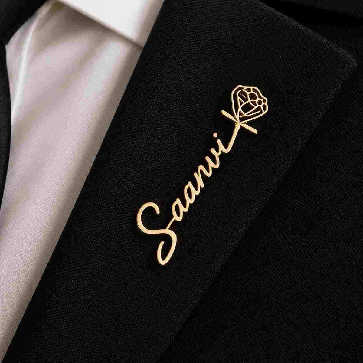 Personalized Name Brooch in Gold with the name Saanvi and a floral design