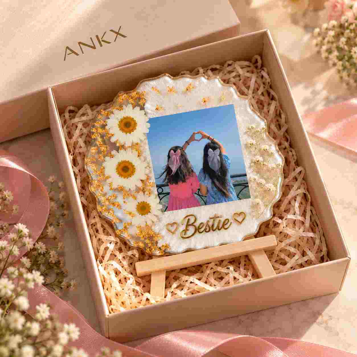 Personalized Resin Photo Frame featuring a floral design and the name Bestie, presented in a gift box