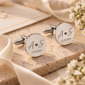 Personalized silver initial cufflinks with engraved couple initials and wedding date