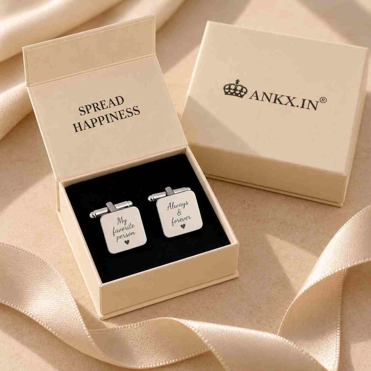 Personalized silver square cufflinks with custom message presented in a luxury gift box