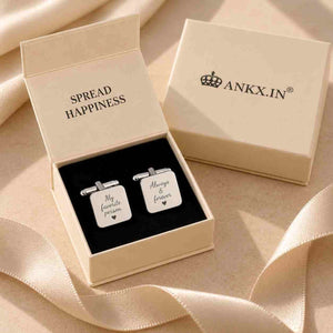 Personalized silver square cufflinks with custom message presented in a luxury gift box