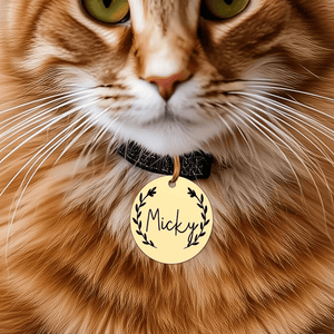Personalized pet name tags featuring a gold design with a cat displaying the name Micky