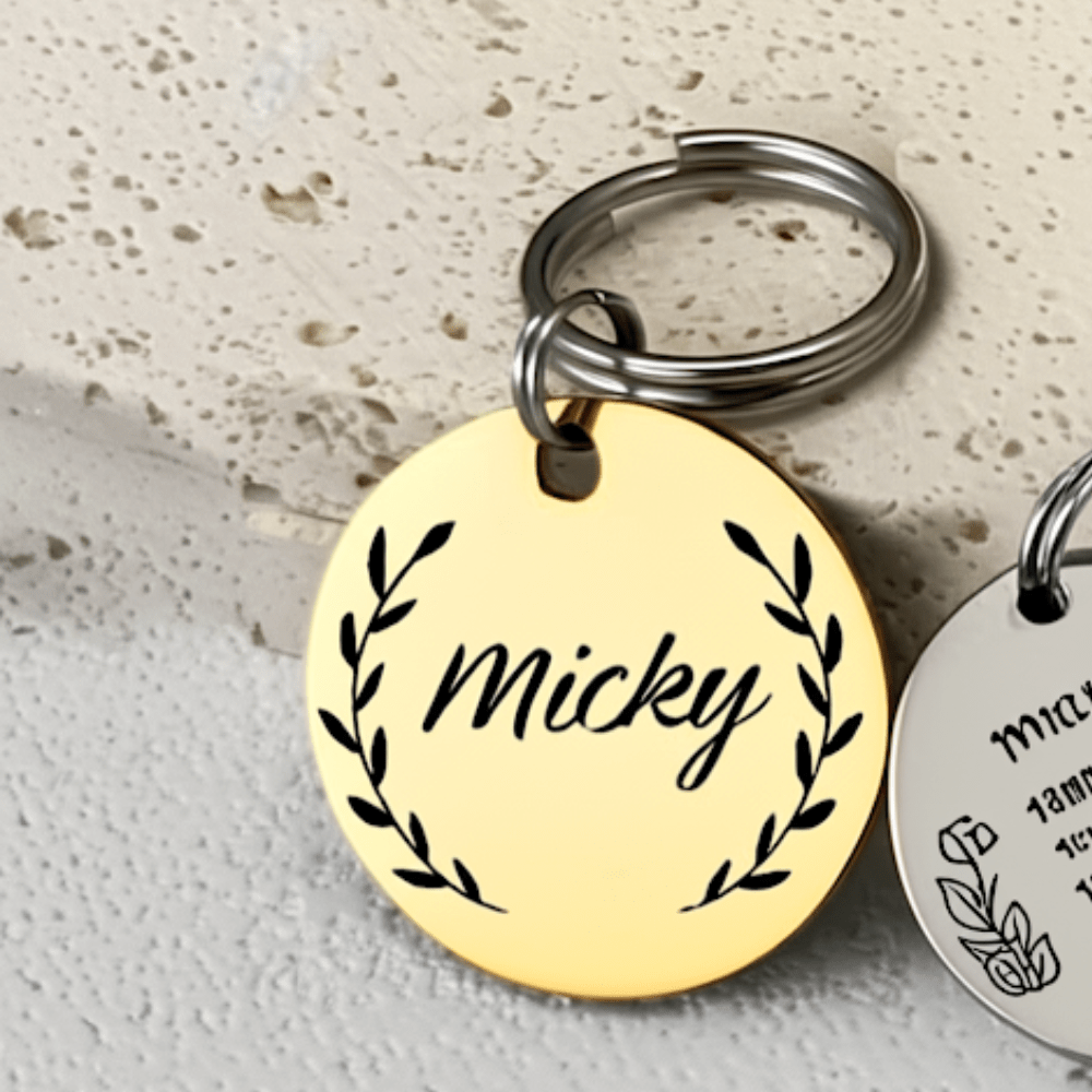 Personalized pet name tags in gold and silver with custom engraving for pets