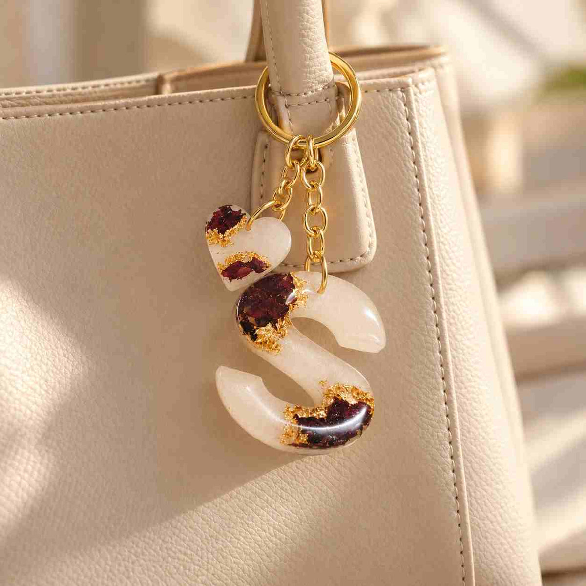 Personalized Resin Letter Keychain in Elegant Cream with Gold Accents and Initial S for Bags
