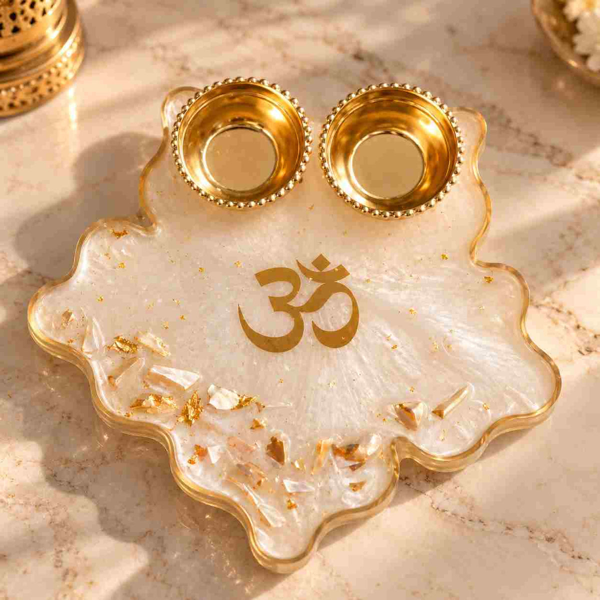Resin Om Pooja Tray in White with Gold Accents and Two Gold Candle Holders for Rituals