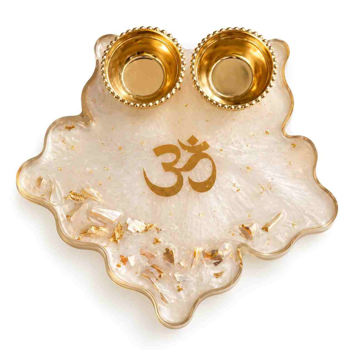 Resin Om Pooja Tray with Golden Om Symbol and Two Gold Dipping Bowls, perfect for personalized puja ceremonies
