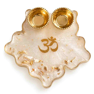 Resin Om Pooja Tray with Golden Om Symbol and Two Gold Dipping Bowls, perfect for personalized puja ceremonies