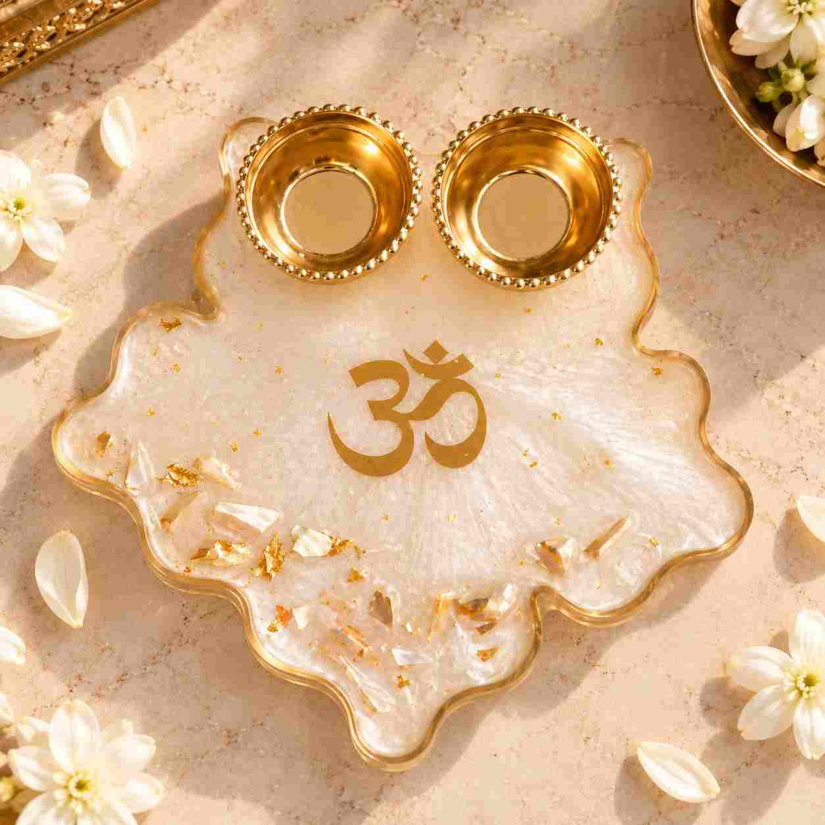Personalized Resin Om Pooja Tray in White with Gold Accents and Two Candle Holders