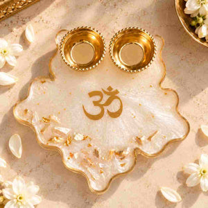 Personalized Resin Om Pooja Tray in White with Gold Accents and Two Candle Holders