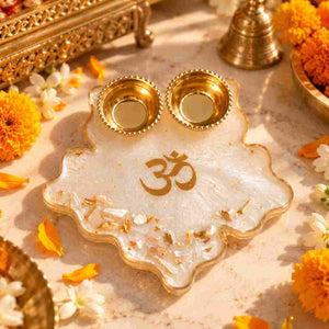 Resin Om Pooja Tray with Personalization, Gold Accents, White Finish, and Decorative Floral Elements
