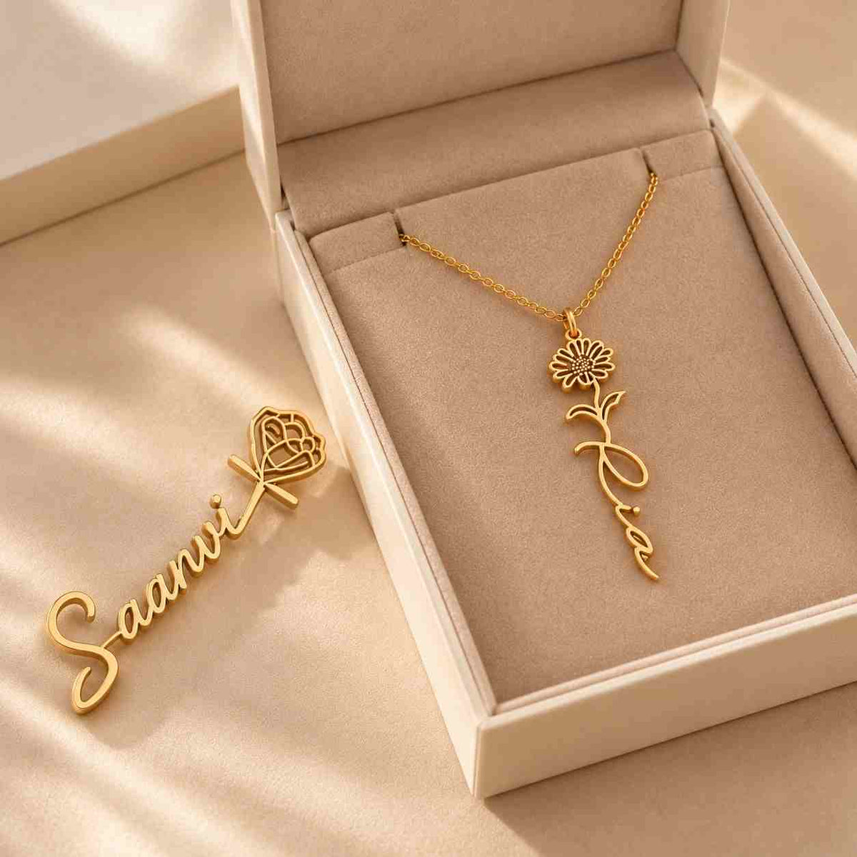 Rose Name Necklace and Brooch Combo in gold with personalized names Saanvi and Pia