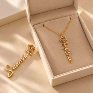 Rose Name Necklace and Brooch Combo in gold with personalized names Saanvi and Pia