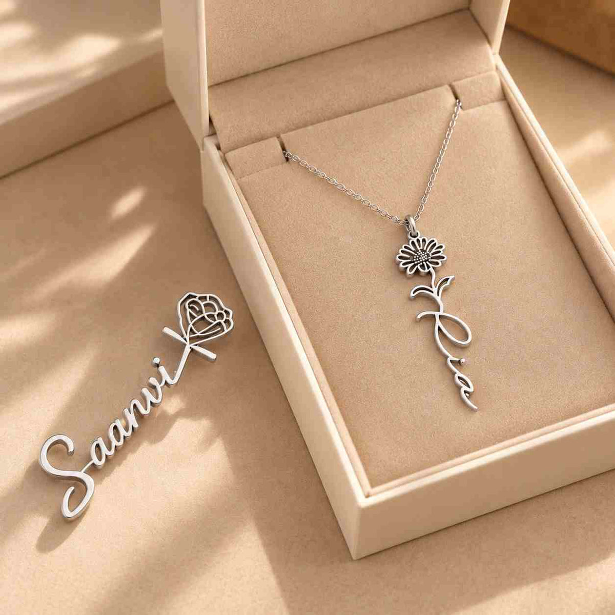 Rose Name Necklace and Brooch Combo in silver with personalized name Saanvi and floral design