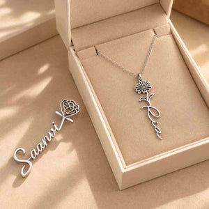 Rose Name Necklace and Brooch Combo in silver with personalized name Saanvi and floral design