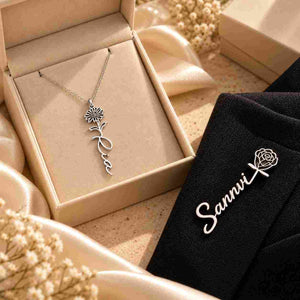 Rose Name Necklace and Brooch Combo with Personalized Names in Silver Finish, Gift Box Included