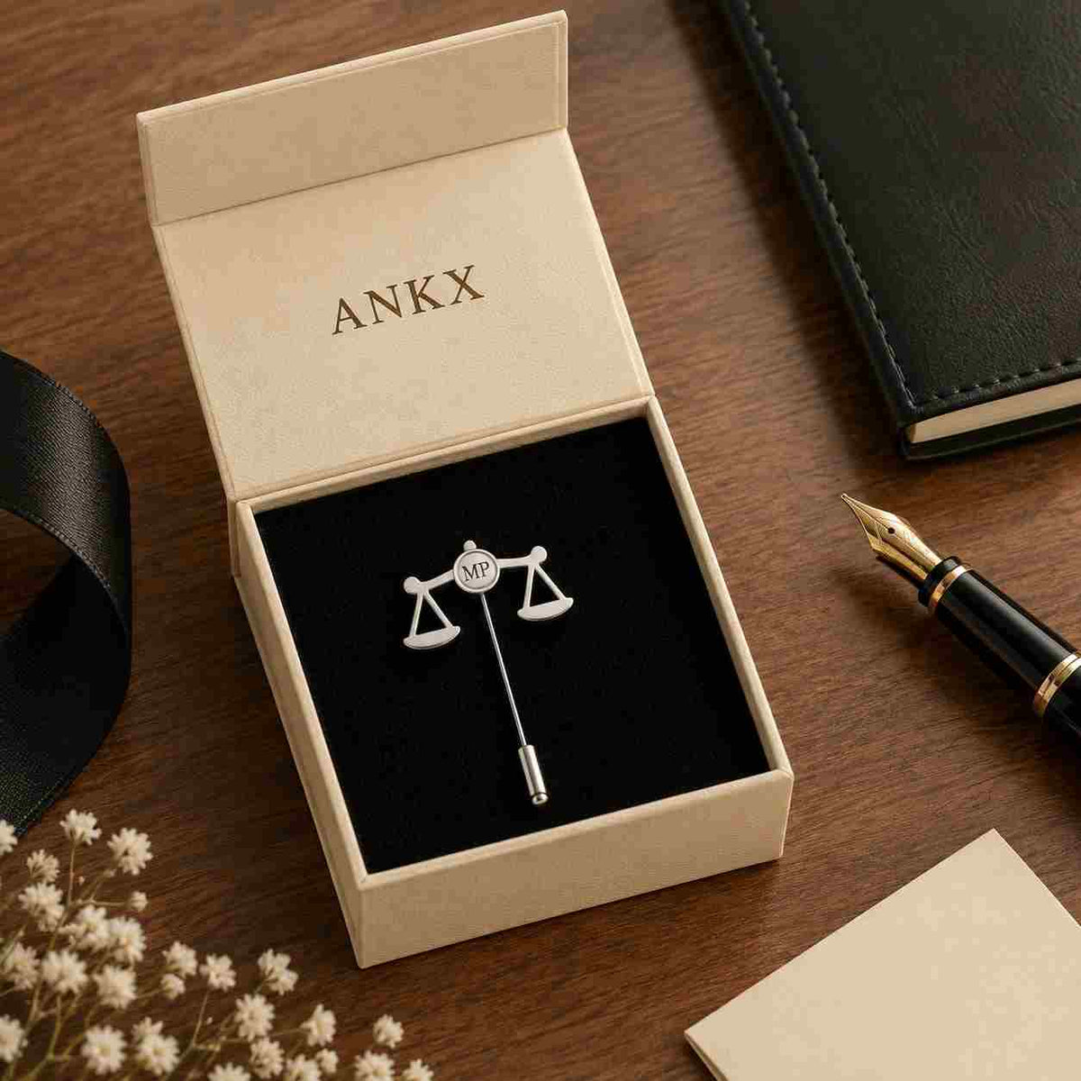 Personalized silver Scales of Justice lapel pin with custom initial in a gift box