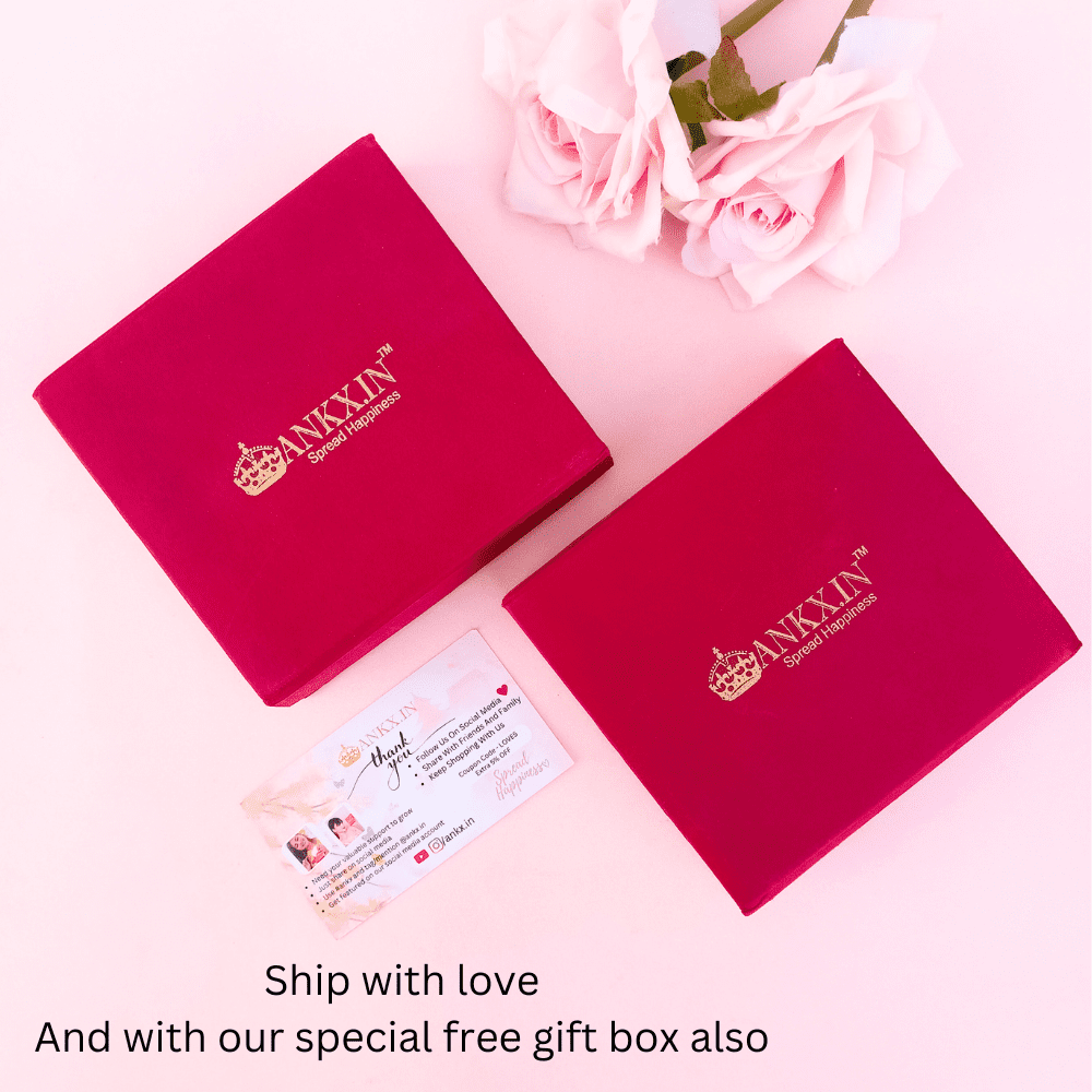 Ankx.in branded red jewelry gift boxes with pink roses and a card for Simple Name Necklace packaging