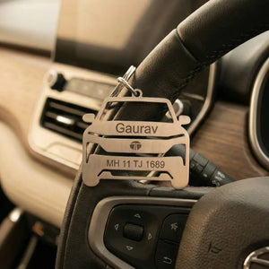 Tata Serra Name Keychain in Silver with Custom Name and Vehicle Number Design