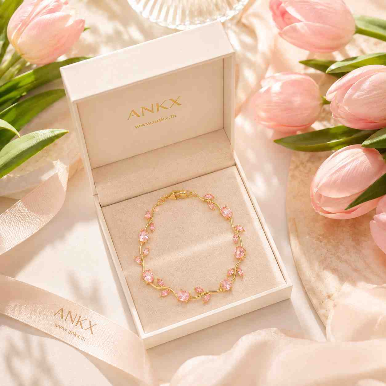 Tulip Bracelets in ANKX luxury gift box with pink tulips