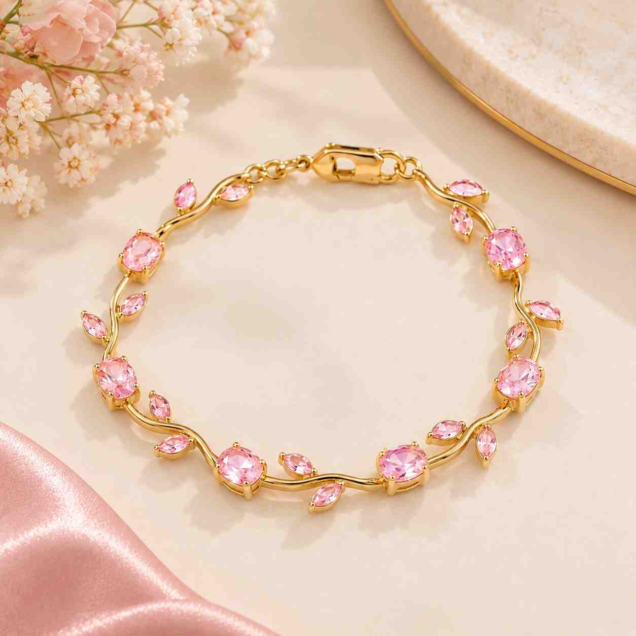 Gold plated Tulip Bracelets with pink crystal leaf and vine design