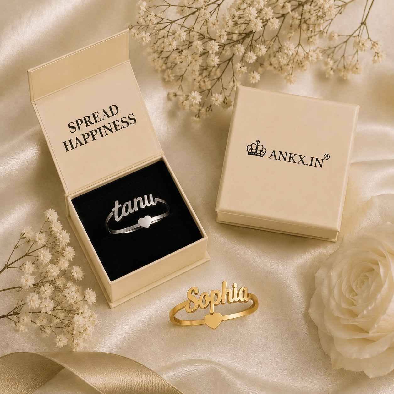 Urdu name ring gold and silver with gift box packaging, custom name ring gift for girlfriend by Ankx.in