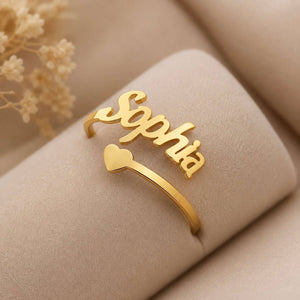Urdu name ring in gold with heart detail and custom name, adjustable open band design by Ankx.in