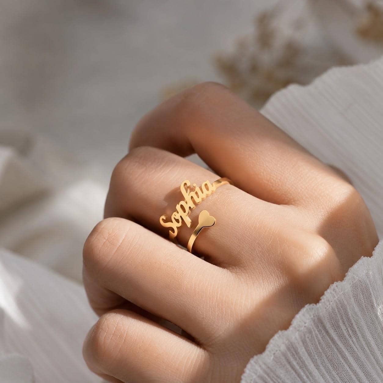 Urdu name ring in gold worn on finger with heart detail, custom adjustable name ring   